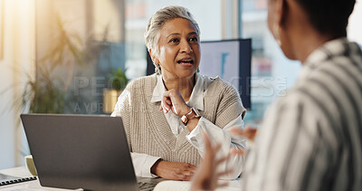 Buy stock photo Manager, business women and conversation in office for financial ideas, briefing or progress update. Mature CEO, discussion or planning for accounting, brainstorming solution or audit in team meeting