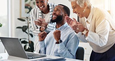 Buy stock photo Celebration, fist pump and business people with laptop in office for good news, achievement or target. Happy, job promotion and businesswoman with support from team for goal together in workplace.