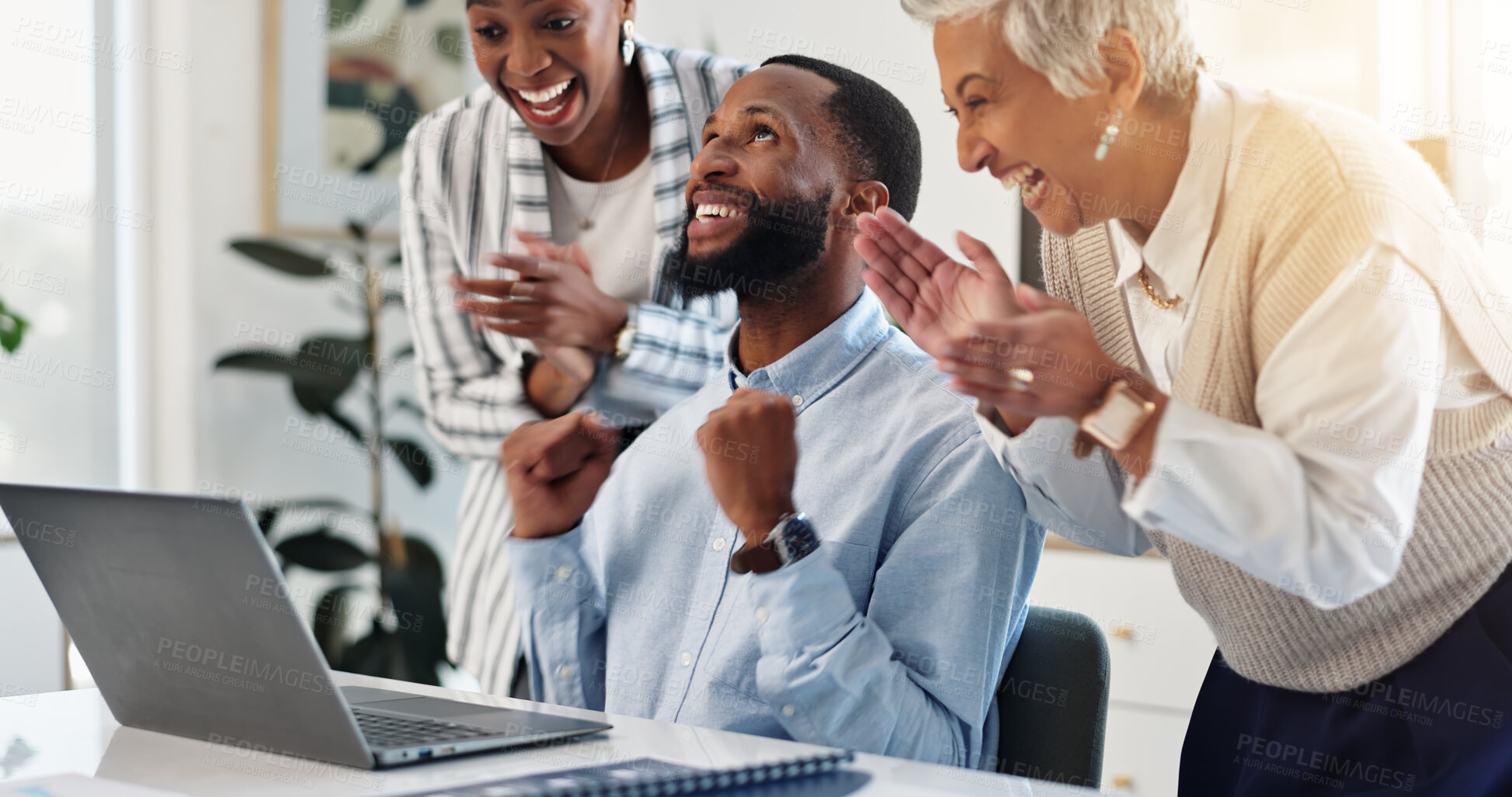 Buy stock photo Celebration, fist pump and business people with laptop in office for good news, achievement or target. Happy, job promotion and businesswoman with support from team for goal together in workplace.