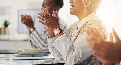 Buy stock photo Clapping hands, business people and team with celebration for success, praise and well done. Group, meeting and applause in office workshop for goal achievement, winner and support for excellence