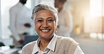 Portrait, business and woman in office, smile and confident personality with creative agency. Mature person, copywriting and happy employee in meeting, pride and career ambition with magazine editor