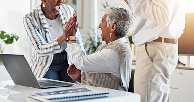 Buy stock photo Celebration, high five and business people with laptop in office for good news, achievement or target. Happy, job promotion and businesswoman with support from team for goal together in workplace.