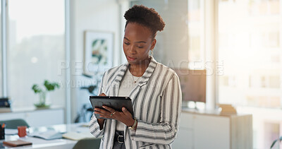 Buy stock photo Tablet, business and black woman in office for email, review proposal or insurance policy. Digital technology, broker or worker with pen for electronic signature, reading report or financial coverage