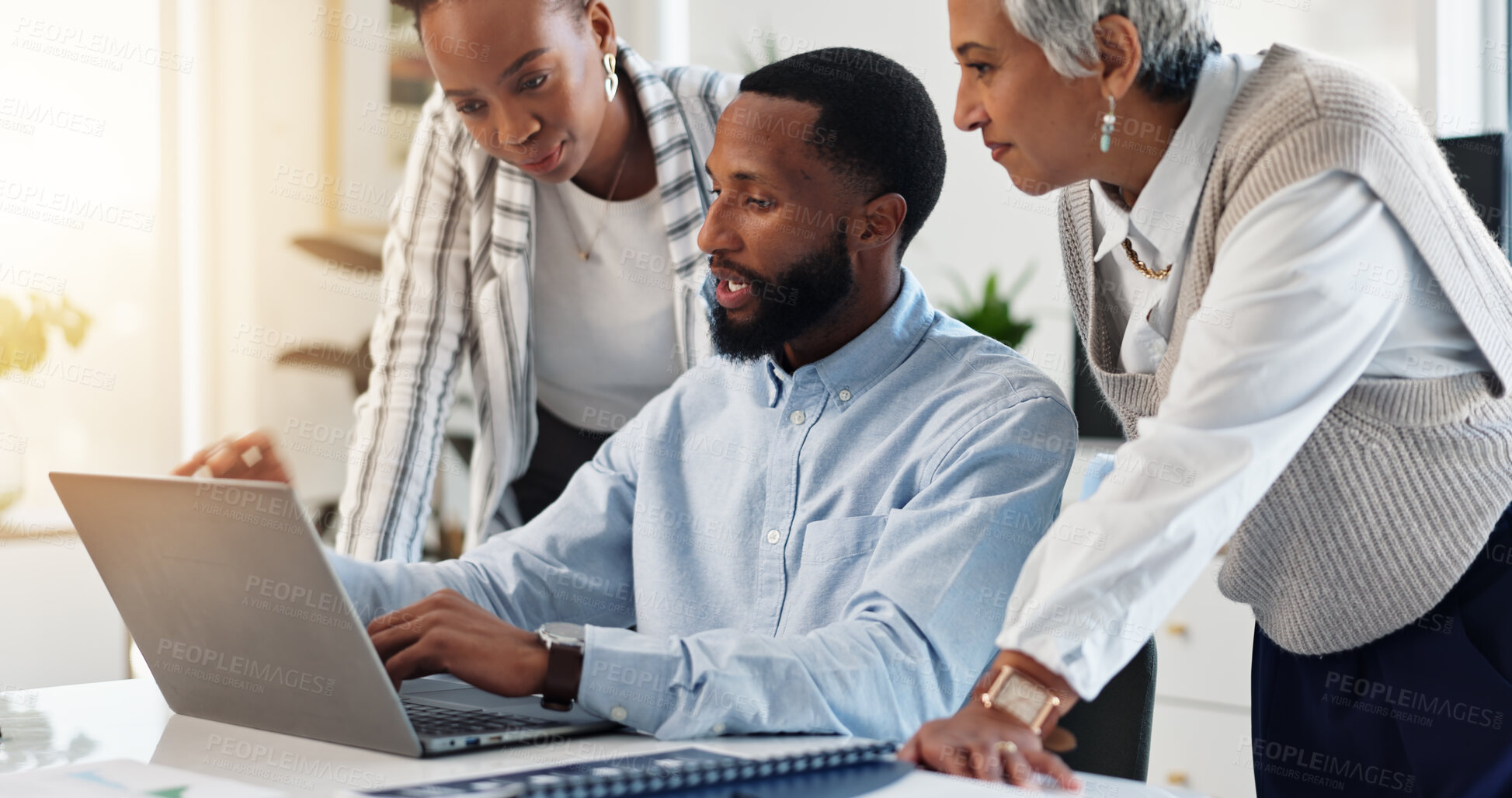 Buy stock photo Laptop, project management and teamwork with business people in office for meeting or planning. Collaboration, computer and conversation with employee group in workplace for feedback or review