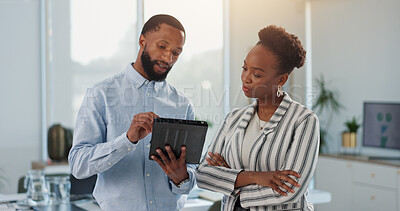 Buy stock photo Meeting, office and business people on tablet for online project, research and proposal feedback. Corporate, team and African man and woman on digital tech for planning, collaboration and discussion