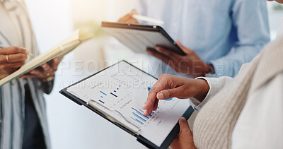 Buy stock photo Charts, notebook and tablet with hands of business people in meeting for finance or investment. Accounting, collaboration and data with financial team in office for budget information or planning