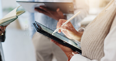 Buy stock photo Notebook, tablet and writing with business people in meeting for accounting, finance or investment. Collaboration, hands and notes with financial team in office for budget information planning