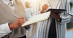 Office, hands and notes for meeting, corporate and info for training seminar, employee or secretary. Business, receptionist and people with notebook for agenda, writing and reminder in boardroom