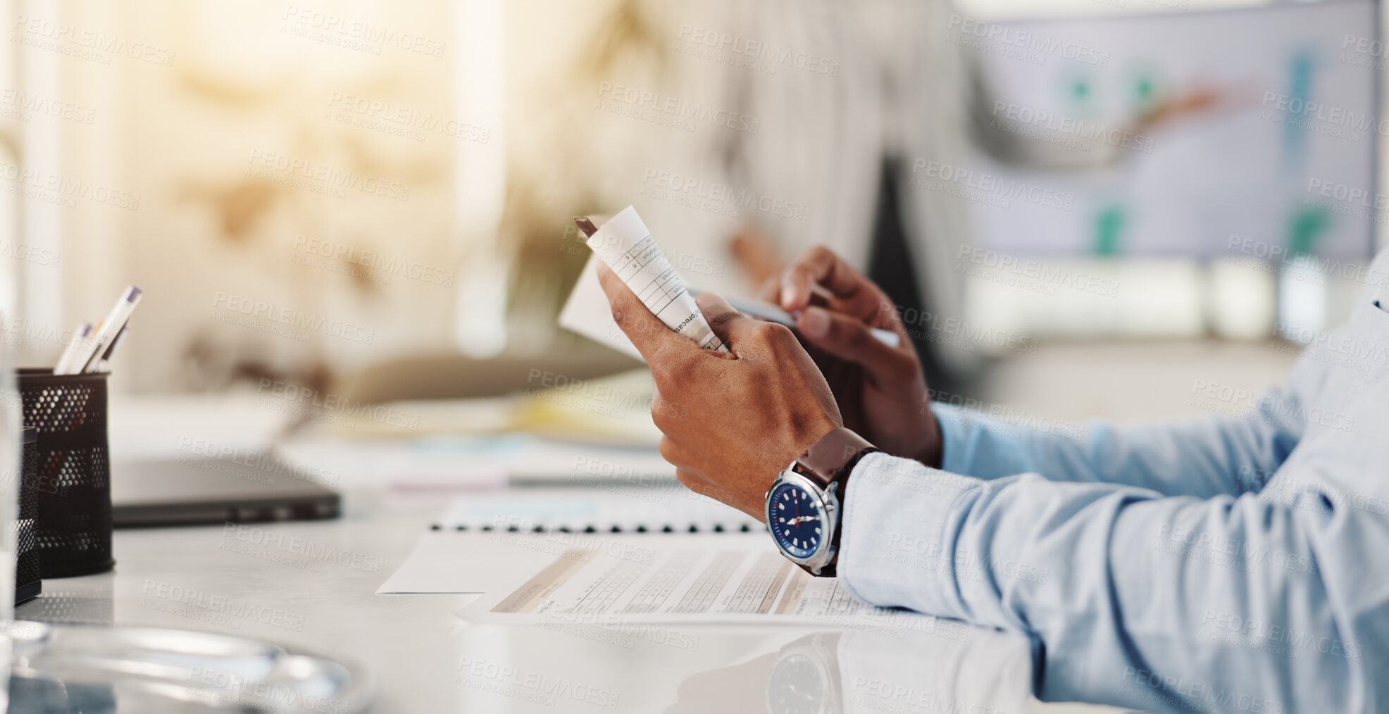 Buy stock photo Hands, business and man in office, books and checklist for company audit, taxes and reading. Closeup, person and employee in workplace, financial advisor and report for investment and risk management