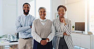 Buy stock photo Portrait, smile and business people in office, collaboration and funny with pride, about us or copywriting. Group, man and women in workplace, professional and writer with support and confidence