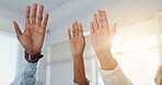 Raised hands, question and business people in office at meeting with vote, opinion or survey. Teamwork, review and group of finance advisors with sign of attendance, feedback or support in workplace.