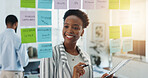 Business woman, schedule and planning with glass board for reminder, project or tasks in office. Female person, planner or agenda with smile for brainstorming ideas, notes or deadline in workplace