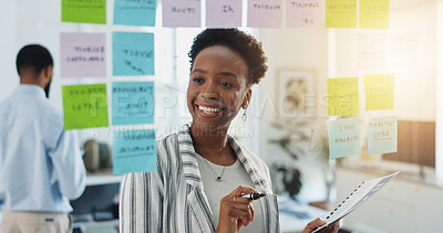 Buy stock photo Business woman, schedule and planning with glass board for reminder, project or tasks in office. Female person, planner or agenda with smile for brainstorming ideas, notes or deadline in workplace