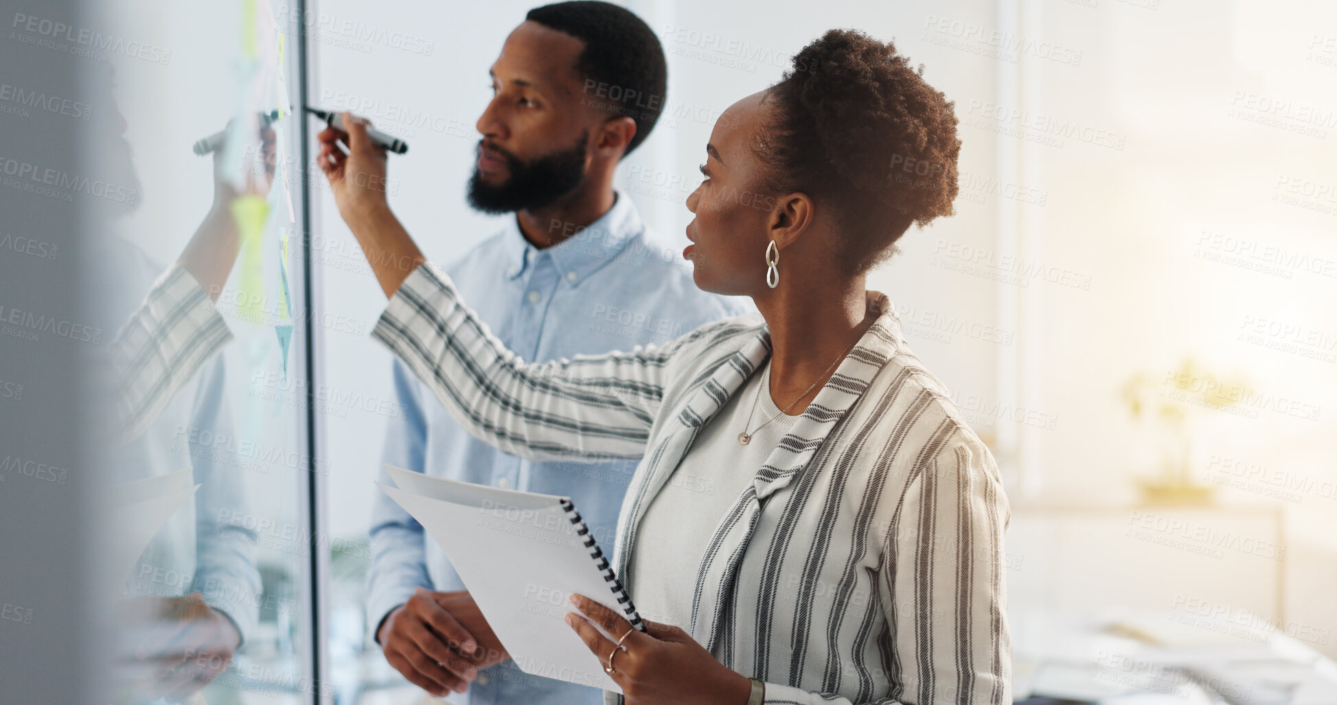 Buy stock photo Business people, writing and schedule planning with glass board for reminder, project or tasks. Businessman, woman or colleagues with notes for team brainstorming, ideas or deadline in workplace