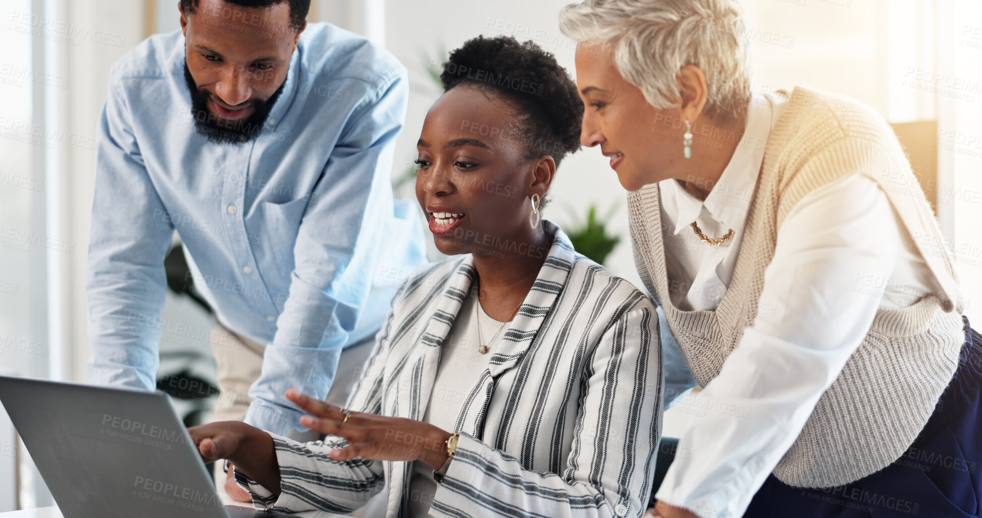 Buy stock photo Collaboration, laptop and project management with business people in office for meeting or planning. Computer, conversation and teamwork with employee group in workplace for feedback or review