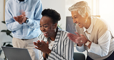 Buy stock photo Applause, happy and business people with laptop in office for good news, achievement or target. Celebration, job promotion and businesswoman with support from team for goal together in workplace.
