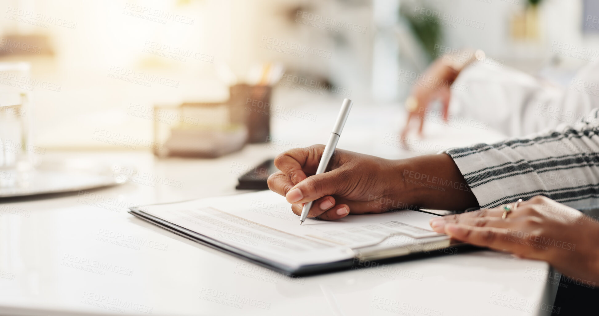 Buy stock photo Employee, hands and notes for meeting, corporate and info for training seminar, secretary or office. Business, receptionist and people with notebook for agenda, writing and reminder in boardroom