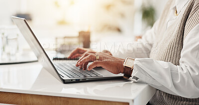Buy stock photo Hands, woman and typing on laptop in office for research, schedule update and post article. Female journalist, pc and email of draft feedback, proofreading story and information on publication agenda