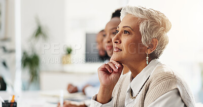 Buy stock photo Presentation, audience and mature businesswoman in office for training, seminar or workshop. Professional, conference and financial manager at finance convention for corporate skills in workplace.