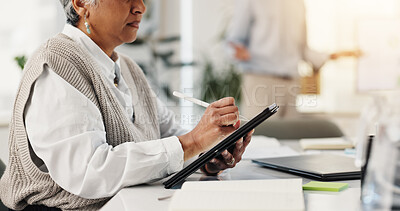 Buy stock photo Business, mature woman and tablet in office for research, schedule update and post article. Female journalist, digital and stylus for draft feedback, proofreading story and information on publication