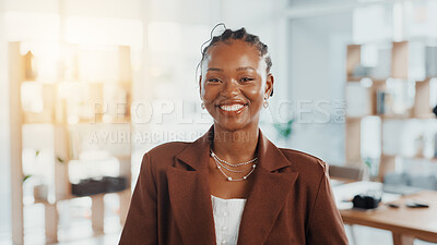 Buy stock photo Happy, professional and portrait of black woman in office with confidence for creative career. Smile, pride and face of African female editor from Kenya with internship for job development at agency.