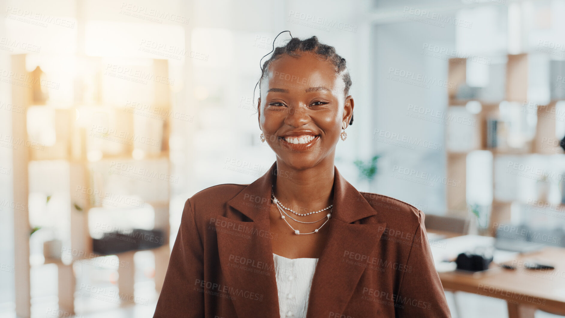 Buy stock photo Happy, professional and portrait of black woman in office with confidence for creative career. Smile, pride and face of African female editor from Kenya with internship for job development at agency.