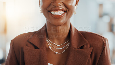 Buy stock photo Business, mouth and woman in office with smile for laughing, funny joke and humor at job. Corporate worker, professional and teeth of person with confidence, happy and pride for career opportunity