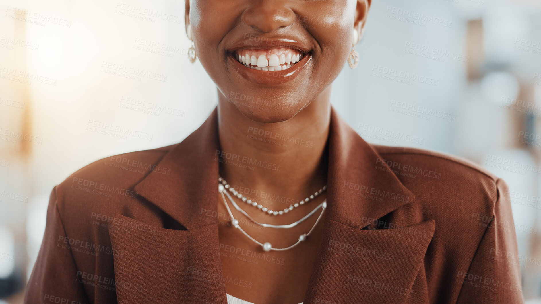 Buy stock photo Business, mouth and woman in office with smile for laughing, funny joke and humor at job. Corporate worker, professional and teeth of person with confidence, happy and pride for career opportunity