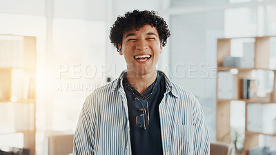 Buy stock photo Happy, professional and portrait of man in office with confidence for creative career growth. Smile, pride and face of male editor from Brazil with internship for job development in workplace.