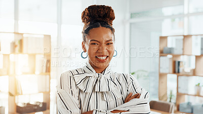 Buy stock photo Portrait, business and black woman in office, arms crossed and copywriting with confident personality. African person, pride and employee in workplace, journalist and creative with happiness or calm