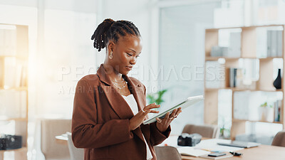 Buy stock photo Budget, finance and tablet with business black woman in office for accounting or tax review. App, planning and research with accountant in financial workplace for audit information or online banking