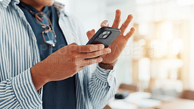 Buy stock photo Business, hands and man in office, smartphone and message to contact, copywriting and scroll. Closeup, person and journalist with email, cellphone or subscription for online magazine or digital app