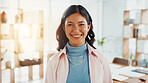 Smile, professional and portrait of woman in office with confidence for creative career growth. Happy, pride and face of female editor from Brazil with internship for job opportunity in workplace.