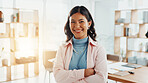 Happy, crossed arms and portrait of woman in office with confidence for creative career growth. Smile, pride and face of female editor from Brazil with internship for job development in workplace.