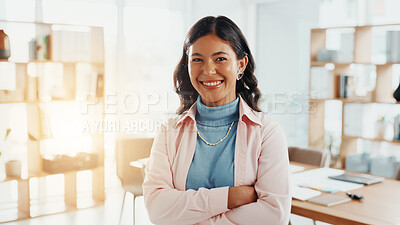 Buy stock photo Happy, crossed arms and portrait of woman in office with confidence for creative career growth. Smile, pride and face of female editor from Brazil with internship for job development in workplace.