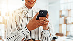Business, hands and woman in office, smartphone and message to contact, copywriting and social media. Closeup, person and journalist in workplace, cellphone or subscription for online magazine or app