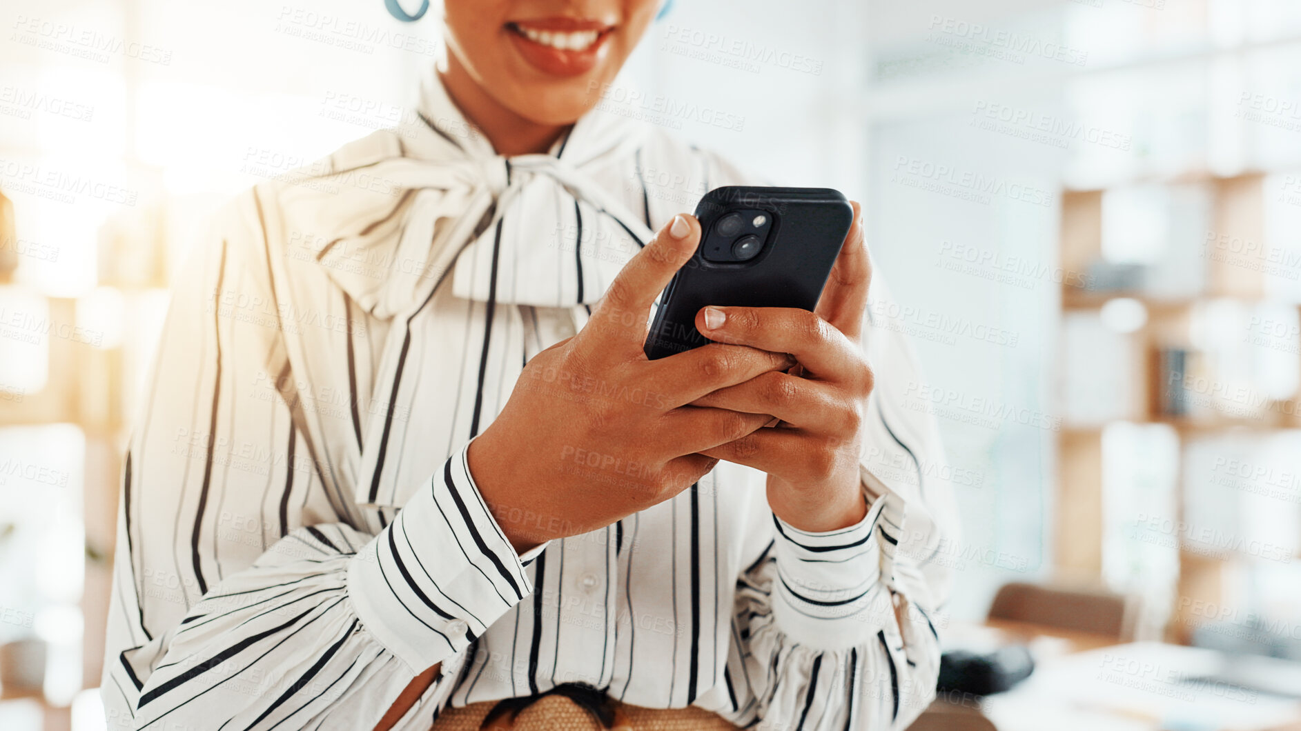 Buy stock photo Business, hands and woman in office, smartphone and message to contact, copywriting and social media. Closeup, person and journalist in workplace, cellphone or subscription for online magazine or app