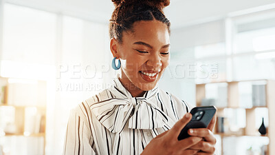 Buy stock photo Happy, employee and woman with smartphone, office or browsing for performance of ad campaign on web. Online, media coordinator or African person with mobile app for digital marketing, tech or project