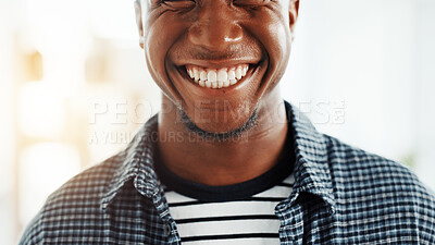 Buy stock photo Business, mouth and black man in office with smile for laughing, funny joke and humor at job. Creative startup, worker and teeth of person with confidence, happy and pride for career opportunity