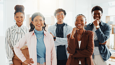 Buy stock photo Portrait, confident and colleagues with smile, office or unity for assignment in advertising agency. Happy, marketing team and people with pride for collaboration, business growth or positive mindset