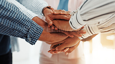 Buy stock photo Stack of hands, solidarity and business people in office with teamwork, support or unity. Trust, partnership and group of corporate employees in huddle for collaboration, motivation or meeting.