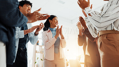 Buy stock photo Happy, group and applause in office, success or celebration for sales target, colleagues or victory. Clapping, team and people with smile for achievement, together and excited for opportunity or win