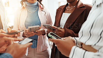 Buy stock photo Business people, hands and huddle with phone in circle for app sharing or network in workplace. Group, employees or team with mobile smartphone for online connection, information or research together