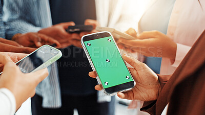 Buy stock photo Business people, hands and phone green screen for networking, social media and information mockup. Group of employees, teamwork and mobile smartphone for app, online website or data sync space