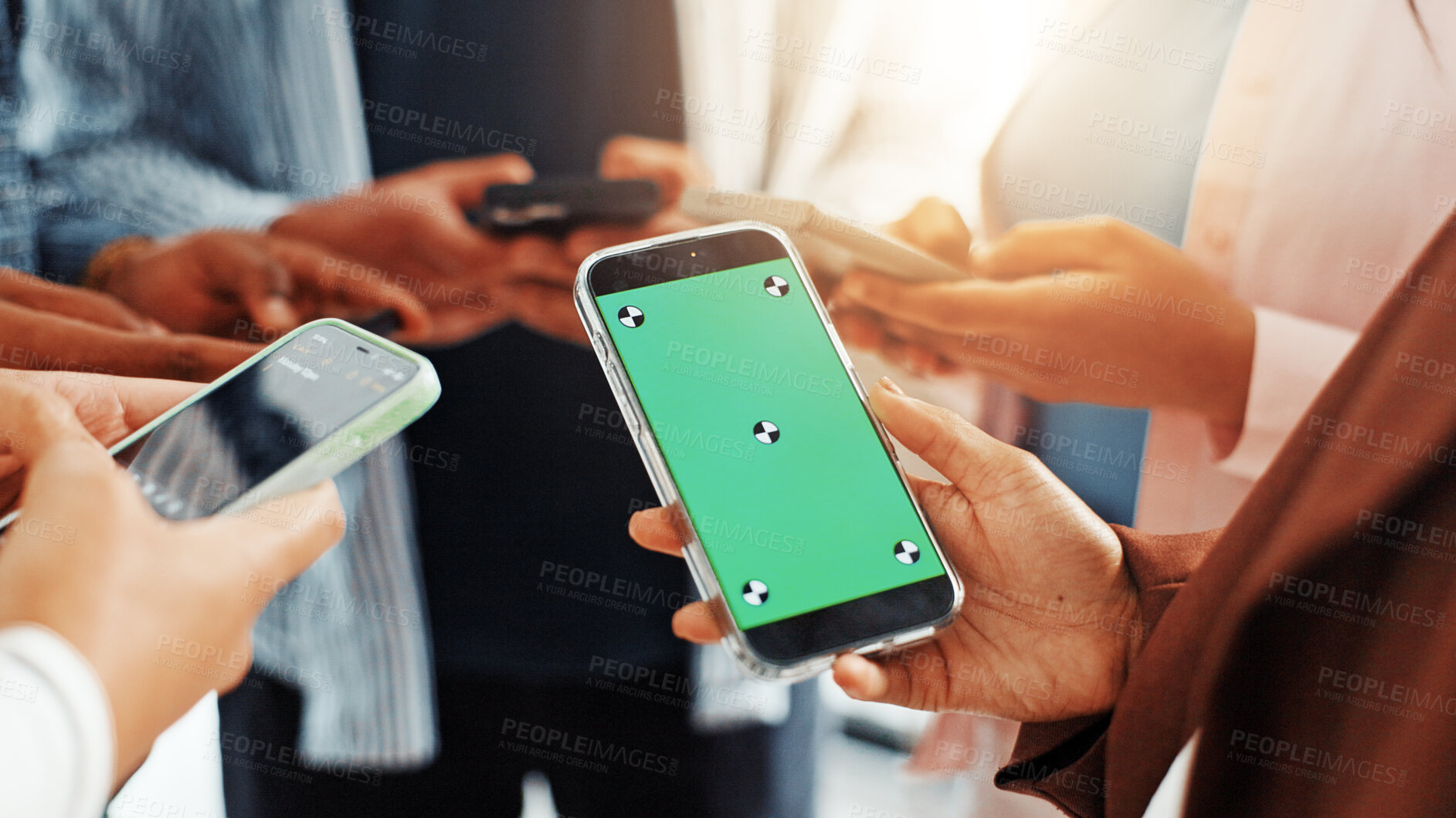 Buy stock photo Business people, hands and phone green screen for networking, social media and information mockup. Group of employees, teamwork and mobile smartphone for app, online website or data sync space