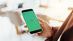 Business person, hand and phone green screen for networking, social media and information mockup. Employee, technology and mobile smartphone for app, online website or data sync space for planning