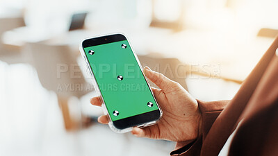 Buy stock photo Business person, hand and phone green screen for networking, social media and information mockup. Employee, technology and mobile smartphone for app, online website or data sync space for planning