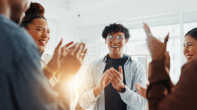 Buy stock photo Happy, man and applause in office, success and celebration for sales target, colleagues and victory. Clapping, team and people with smile for achievement, together and excited for opportunity or win