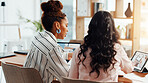 Teamwork, planning and online with business people in office for meeting, account manager and research. Budget report, project advisor and connection with women in agency for review and feedback