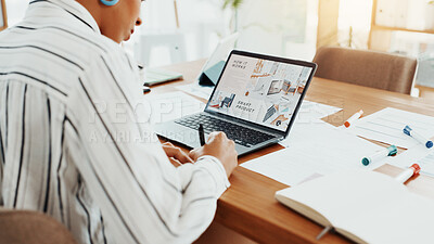 Buy stock photo Corporate, woman and writing notes in office for planning, reminder and information on smart product. Back, female person and laptop screen for sales presentation, launch schedule and research report